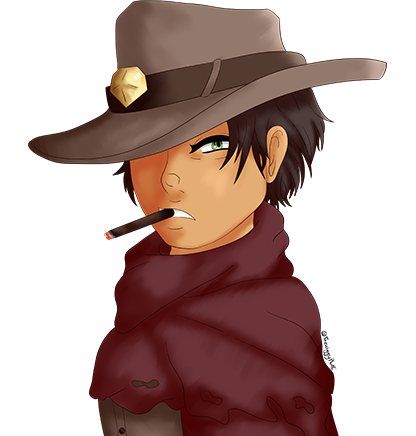 an olive-skinned man, smoking a cigar, with a wide brimmed hat pulled over one eye, wearing a red cloak