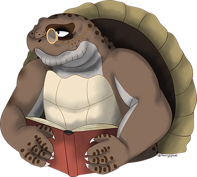 a very old tortle with graying spots, wearing eyeglasses and looking over a book