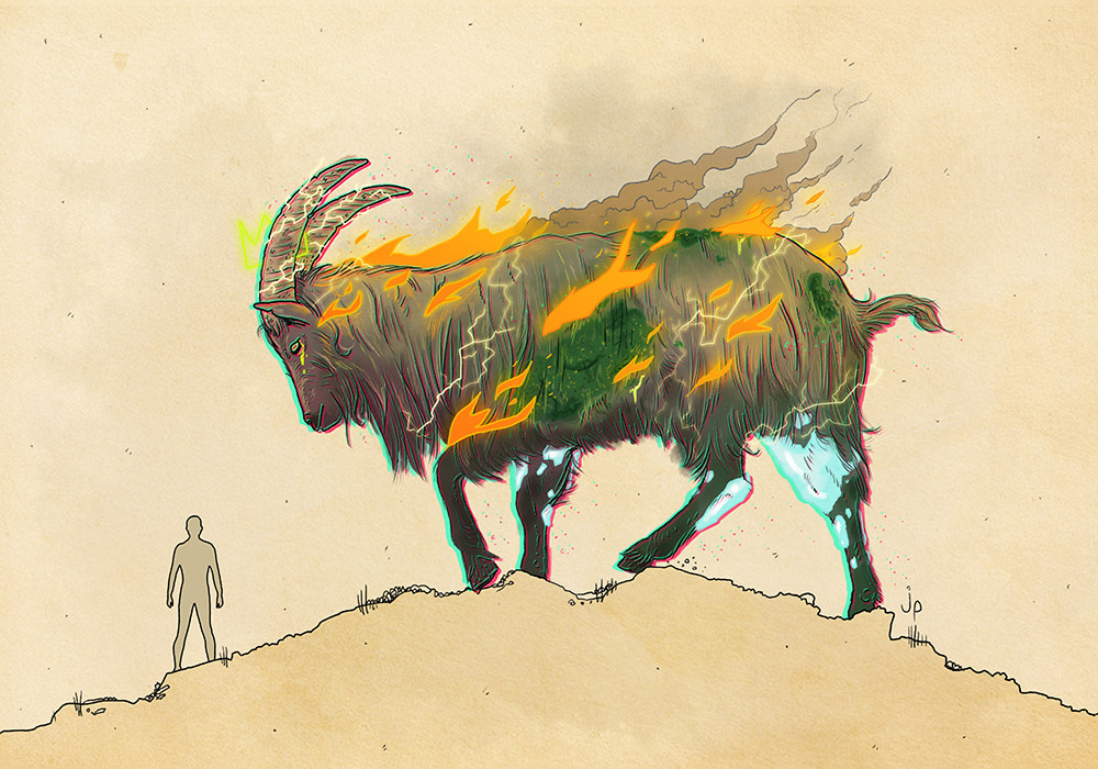 a large goat standing on a hill, covered in patches of fire, poison, and ice, and crackling with lightning