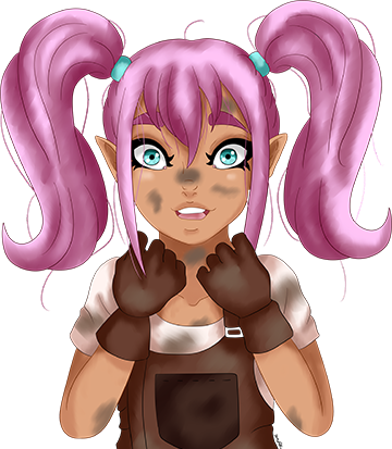 a greasy, gnome woman with bright pink pigtails and dirty brown overalls