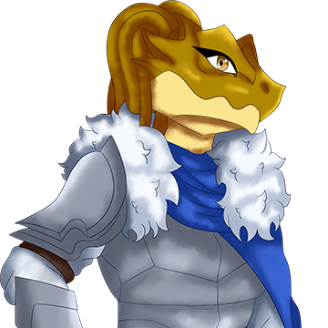 a bright yellow dragonborn guard, dressed in armor, sporting a bright blue cloak with a furry white collar